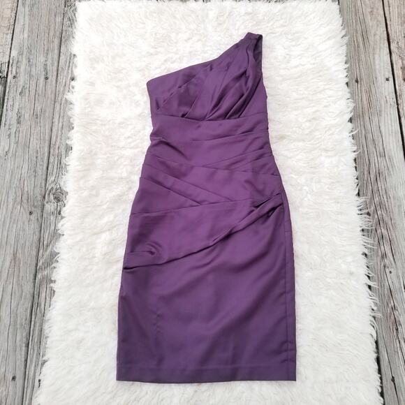1 Shoulder Cocktail Dress Purple Stretch Satin David's Bridal Size 4 Prom Formal - Picture 9 of 9